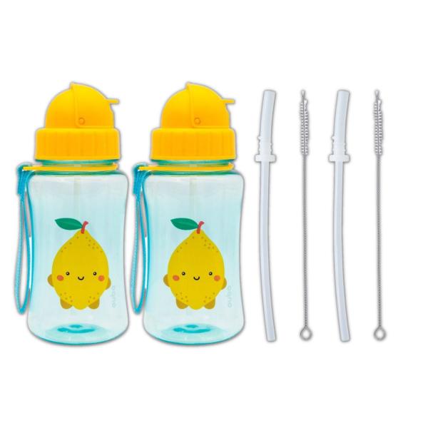 Imagem de Kit 2 garrafinhas infantil 400 ml buba com 2 canudos extra reposição retrátil silicone