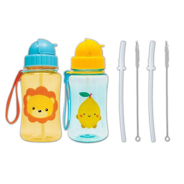 Imagem de Kit 2 garrafinhas infantil 400 ml buba com 2 canudos extra reposição retrátil silicone