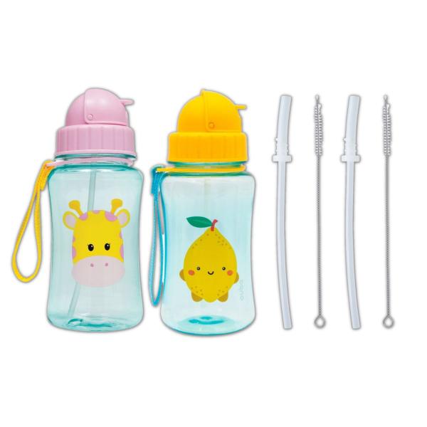 Imagem de Kit 2 garrafinhas infantil 400 ml buba com 2 canudos extra reposição retrátil silicone