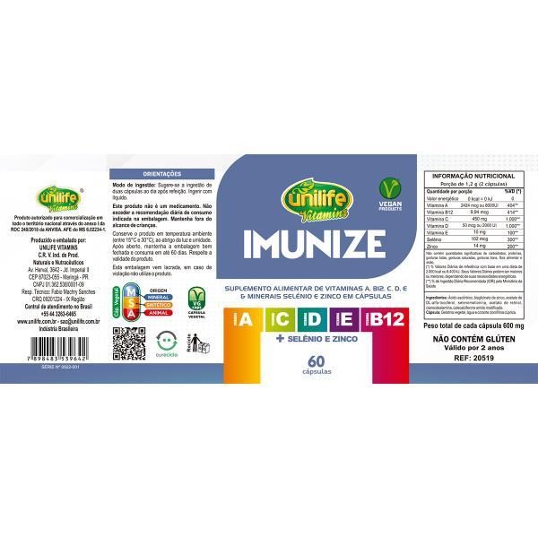 Imagem de Kit 2 Imunize Vitaminas A, C, D, E, B12 + Selênio e zinco Unilife 60 cápsulas