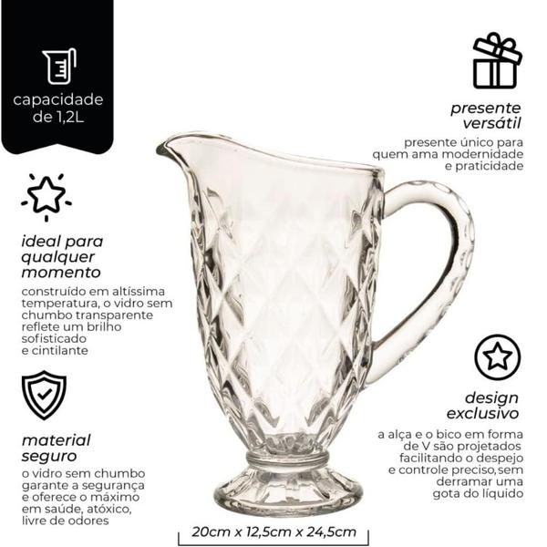 Imagem de Kit 2 Jarras Vidro Suco Agua Transparente Diamante 1200ml Bico de Abacaxi Vitral Verre Clear