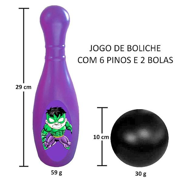 Imagem de Kit 2 Jogos de Boliche Grande Super Herói Huk 12 Pinos 4 Bolas