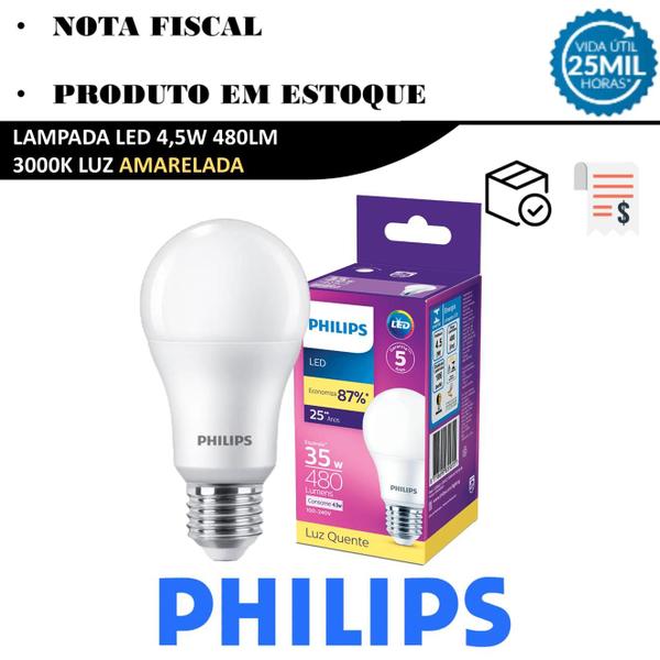 Imagem de Kit 2 Lampada Bulbo Philips 4.5w Luz Quente 3000K Amarela E27