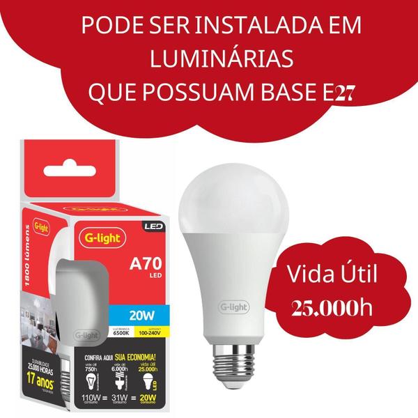 Imagem de Kit 2 Lampada Led A70 20W E27 3000K Luz Branca Autovolt Alta