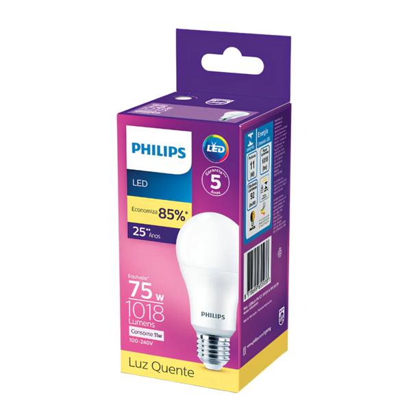 Imagem de Kit 2 Lâmpada Led Bulbo 11w = 75w 1018lm Bivolt Philips 3000k amarela Cor Da Luz Branco-quente