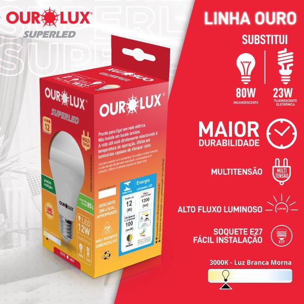 Imagem de Kit 2 Lâmpada Led Bulbo 12w Branco Quente (3000k) - Ourolux