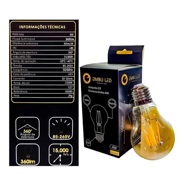 Imagem de Kit 2 Lâmpadas Filamento Led Âmbar A60 4w Branco Quente Bivolt