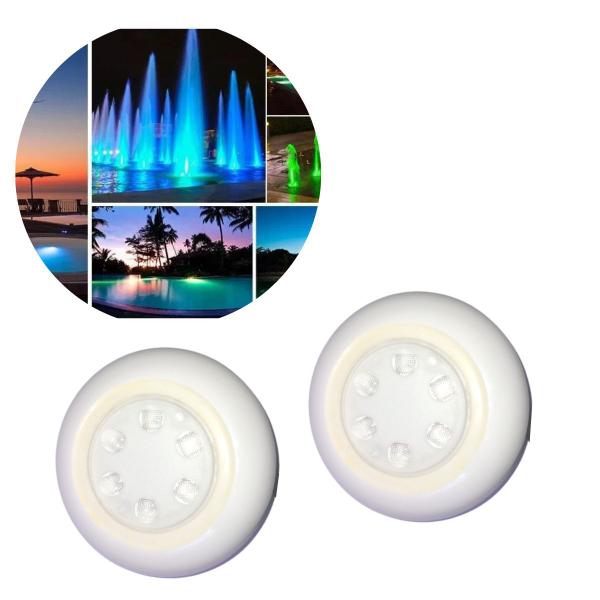 Imagem de Kit 2 Lâmpadas Luzes Luminárias Redondas Coloridas RGB De 6 Leds 9W 12V IP68 Submersível Subaquática Para Piscinas