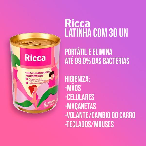 Imagem de Kit 2 Latinhas Lenços Umedecidos Antisséptico 60 Unidades Ricca Portátil Limpeza Higiene Mãos