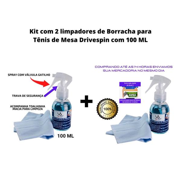 Imagem de kit 2 limpador de borracha tênis de mesa drivespin 100 ml revitalizador de raquete de ping pong