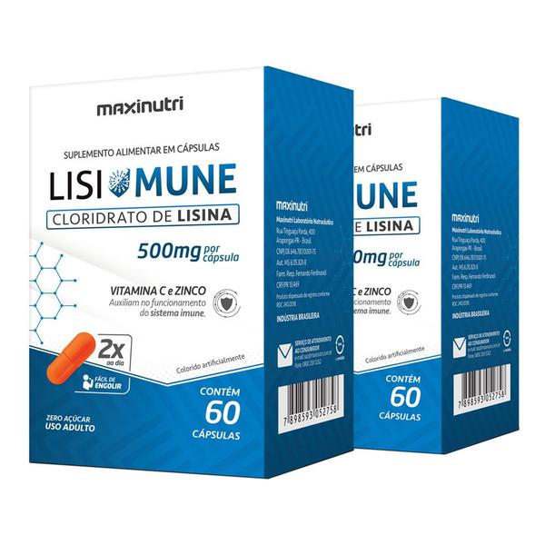 Imagem de Kit 2 Lisimune Cloridrato de Lisina + Vitamina C 60 Cáps Maxinutri