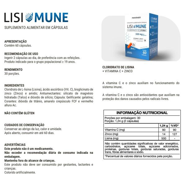 Imagem de Kit 2 Lisimune Cloridrato de Lisina + Zinco 60 Cápsulas Maxinutri