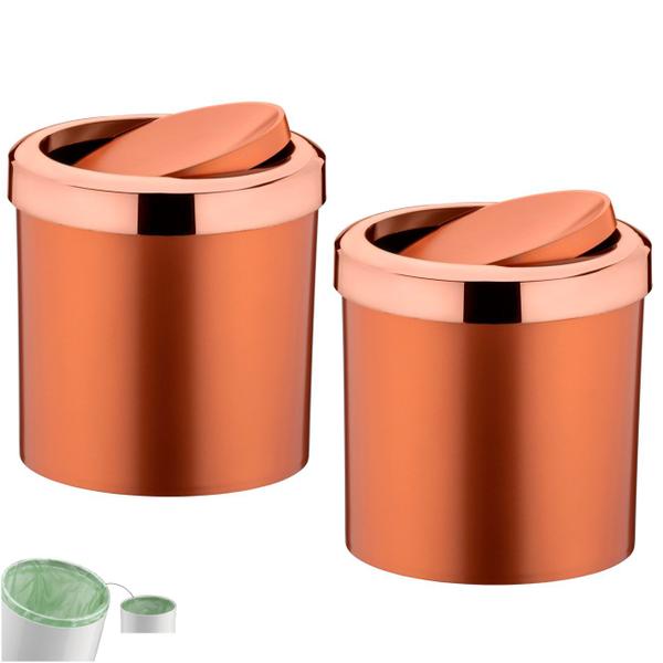 Imagem de Kit 2 Lixeira 5 Litros Tampa Cesto De Lixo Basculante Para Cozinha Banheiro Escritório Rose Gold - Future