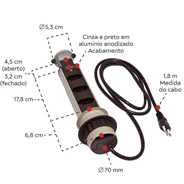 Imagem de Kit 2 Lixeira De Embutir Inox 3 Litros + Torre De Tomada