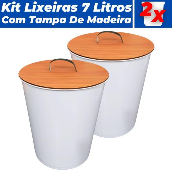 Imagem de KIt 2 Lixeiras 7 Litros Plástico Multiuso Com Tampa De Madeira