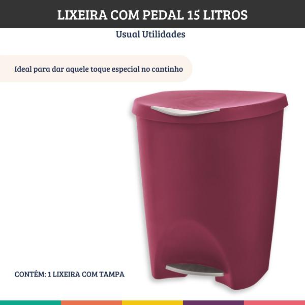 Imagem de Kit 2 Lixeiras Bordô com Pedal 15 Litros Usual Utilidades