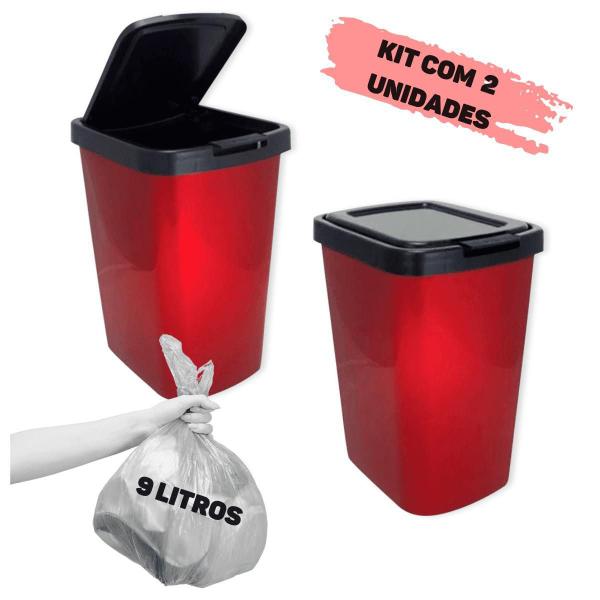 Imagem de Kit 2 Lixeiras Click Vermelha Cesto Lixo Banheiro Quarto 9L