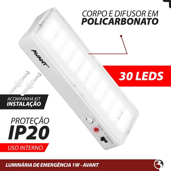 Imagem de Kit 2 Luminária de Emergência 30 LED 100 Lumens 6000K 1W Bivolt - Avant