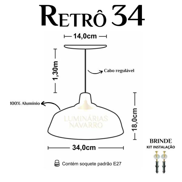 Imagem de Kit 2 Luminária Pendente Retro 34cm Com Interior Branco Brilho Com Fiação 110/220v