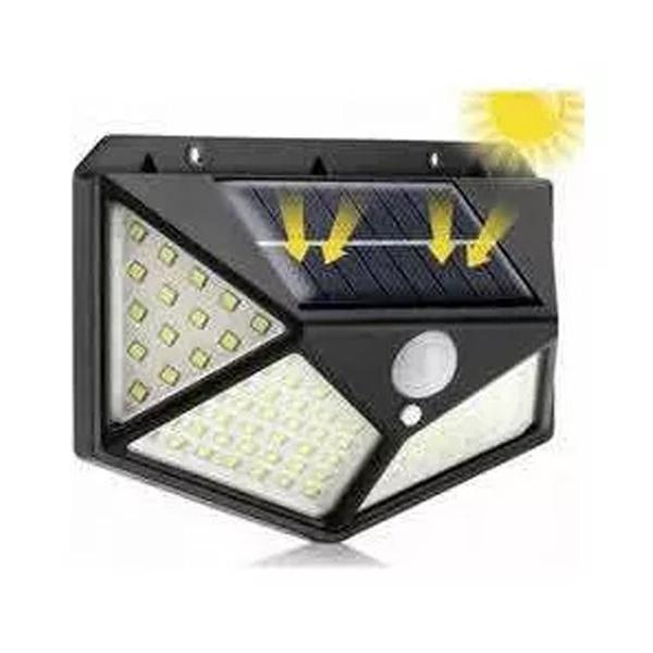 Imagem de KIT 2 Luminária Refletor LED Energia Solar 100 LED Sensor Presença Sem fio Extra Forte Parede Branca Externa Jardim Rua