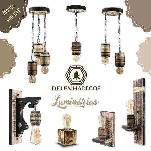 Kit 2 Luminárias de Parede Arandela Colonial Barril em Madeira Maciça