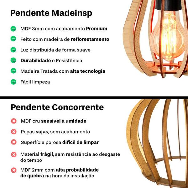 Imagem de Kit 2 Luminárias Lustre Pendente Madeira Soq E27 44cm X 40cm