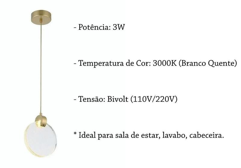 Imagem de Kit 2 Lustre Pendente Led 3W Dourado Vidro Redondo Zan96