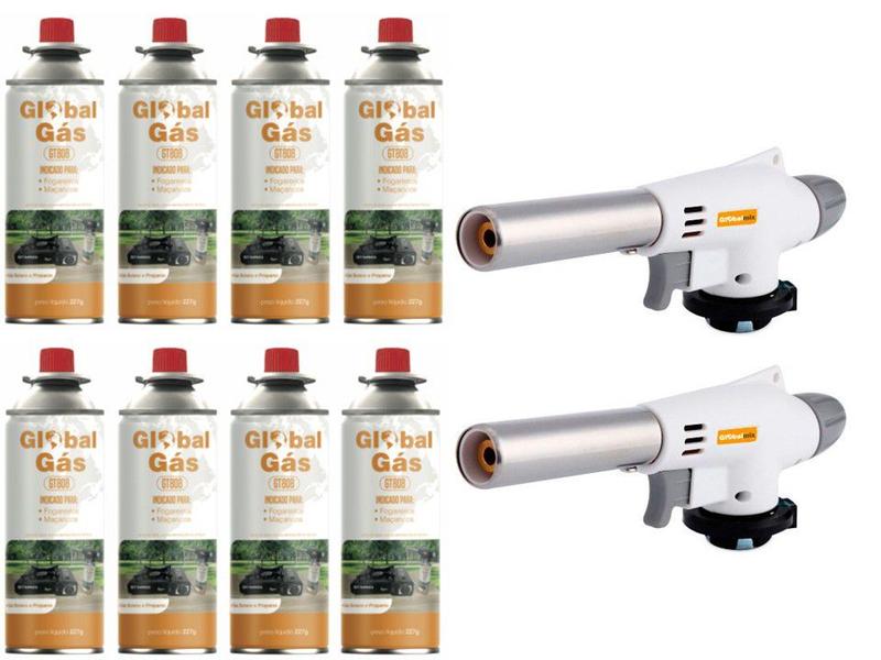 Imagem de Kit 2 maçarico gourmet branco com controle de chama + 8 refil culinária solda artesanato - Globalmix