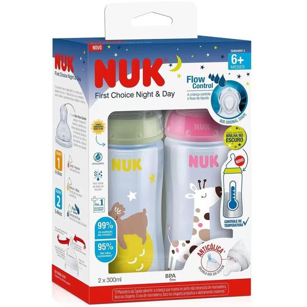 Imagem de Kit 2 Mamadeira Nuk Rosa Menina 300ml 6+ meses Controle Temperatura First Choice Brilha Escuro