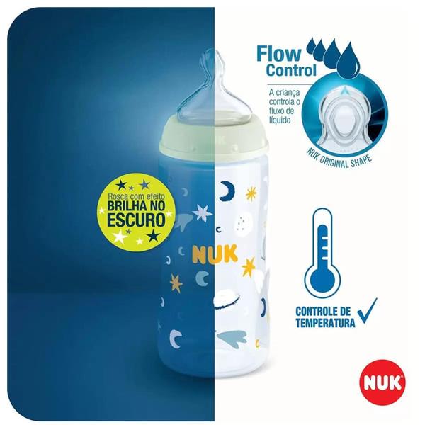 Imagem de Kit 2 Mamadeira Nuk Rosa Menina 300ml 6+ meses Controle Temperatura First Choice Brilha Escuro