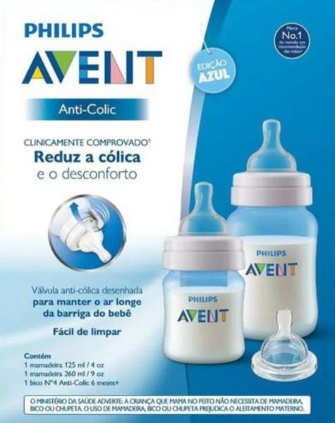 Imagem de Kit 2 Mamadeiras  Anti-cólica 125ml, 260ml e 1 Bico N 4 Anti Colic  Azul -  Philips Avent