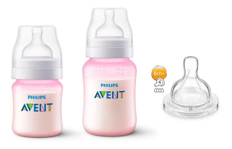 Imagem de Kit 2 Mamadeiras Clássica Anticólica 125 e 260ml Rosa mais 1 Bico Extra n4 - Philips Avent