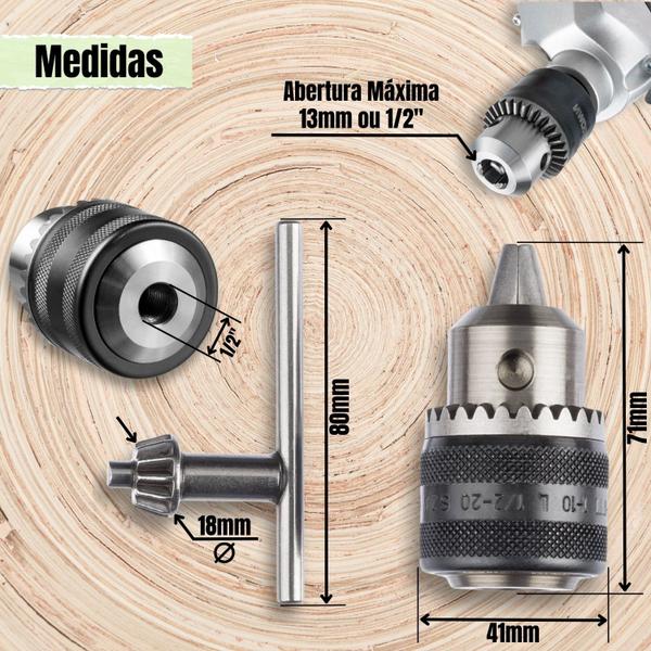 Imagem de Kit 2 Mandril com Chave 1/2 Rosca 1,5-13mm Universal Castanhas Reforçado Taladro Parafusadeira Furadeira Martelete Pneumática Broca 