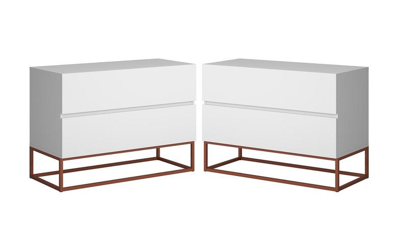 Imagem de kit 2 mesa de cabeceira com gavetas espaçosas design moderno industrial alto padrão eros 60cm para quarto branco fosco / cobre