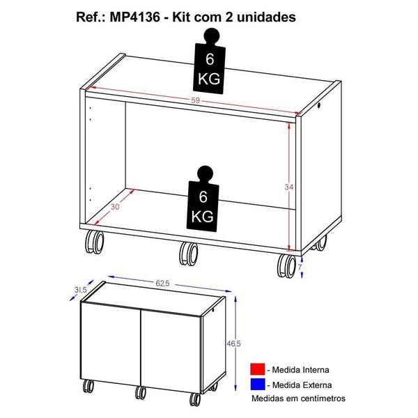 Imagem de Kit 2 Mesas de Cabeceira com Rodízios 2 Portas Multimóveis MP4136