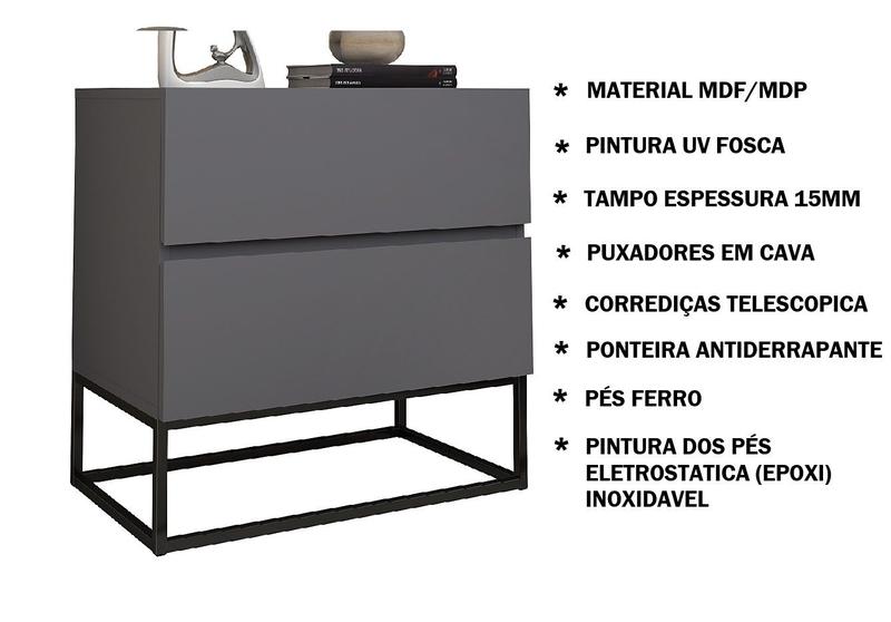 Imagem de Kit 2 Mesas de Cabeceira Estreita Eros 45cm Cinza Fosco Com Base de Ferro Industrial Preto Para Cama Casal Quarto