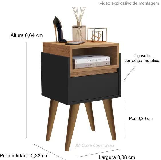 Imagem de Kit 2 Mesas De Cabeceira Évora Com Nicho 1 Gaveta Pés Palito Estilo Retro - Preto Com Nature - Lojas G2 Móveis