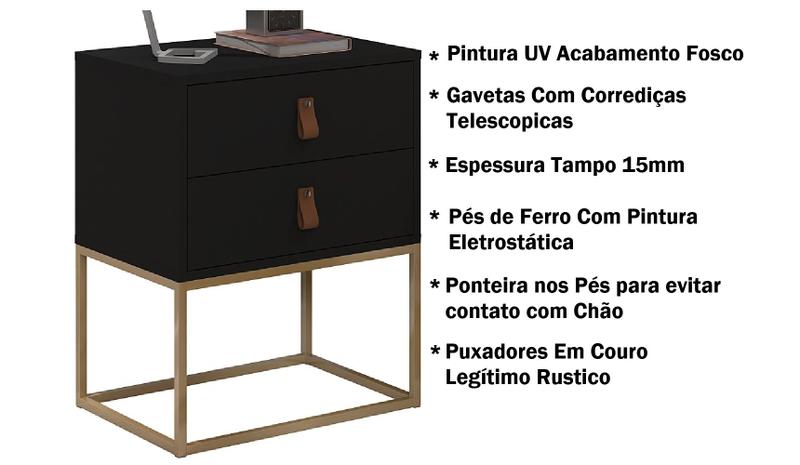 Imagem de Kit 2 Mesas De Cabeceira Retrô Moderno Para Lateral de Cama Unic 45cm 2 Gavetas Pés De Ferro Dourado