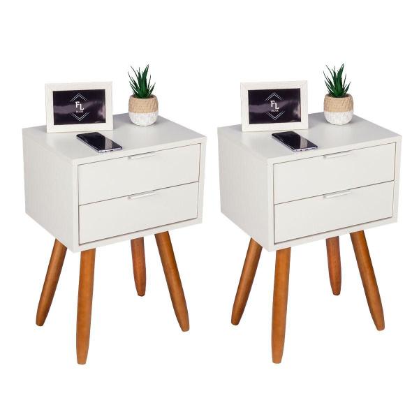 Imagem de KIT 2 Mesas De Cabeceira Retro Off White Com 2 Gavetas De 40cm Pé Castanho Envio Montado