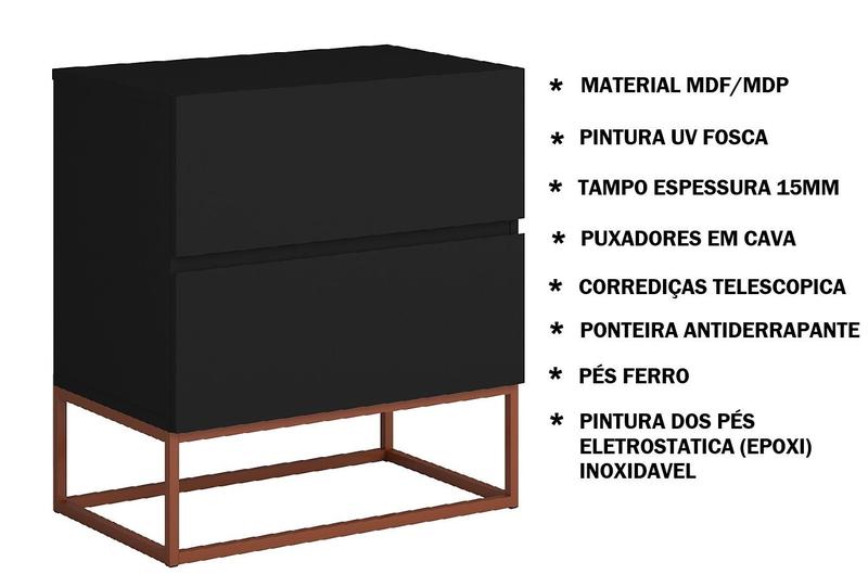 Imagem de Kit 2 mesinha de cabeceira lateral de cama preta fosca alto padrão com 2 gavetas eros 45cm base de ferro cobre para quarto de casal