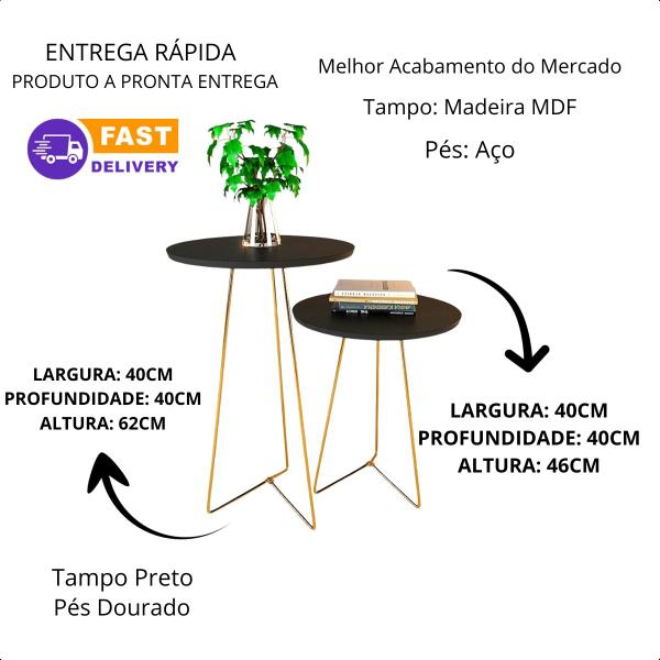 Imagem de Kit 2 Mesinhas De Canto Redonda Pés Tripé Ferro Dourado