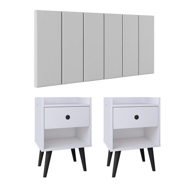 Imagem de Kit 2 Mesinhas Decore Nicho Porta Objetos Pés Palito Preto Cabeceira Suspensa Júlia Cama Box Casal 1,40 Branco material sintético - Lojas RPM