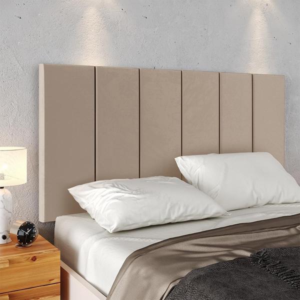 Imagem de Kit 2 Mesinhas Decore Off White/Freijó Nicho Porta Objetos Pés Palito Cabeceira Suspensa Júlia Cama Box Casal 1,40 Bege Suede - Lojas RPM