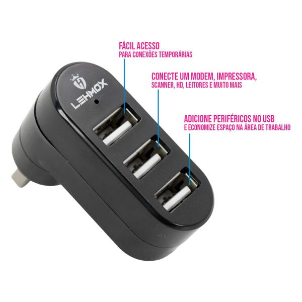 Imagem de Kit 2 Mini Hub USB 2.0  P/ Notebook PC 3 Portas Adaptador Externo Transferir Dados Multiportas Escritório Periféricos