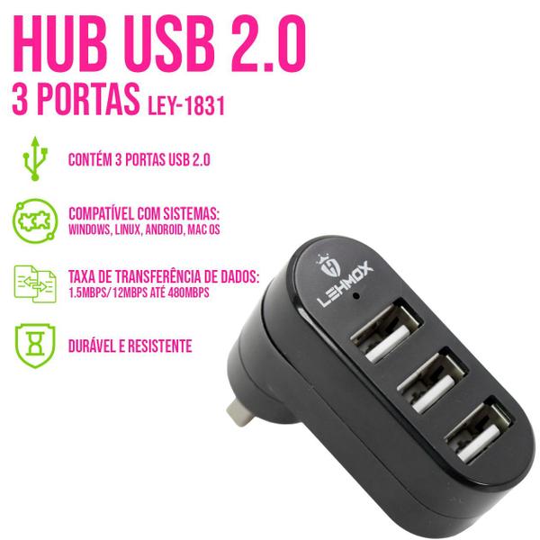 Imagem de Kit 2 Mini Hub USB 2.0  P/ Notebook PC 3 Portas Adaptador Externo Transferir Dados Multiportas Escritório Periféricos