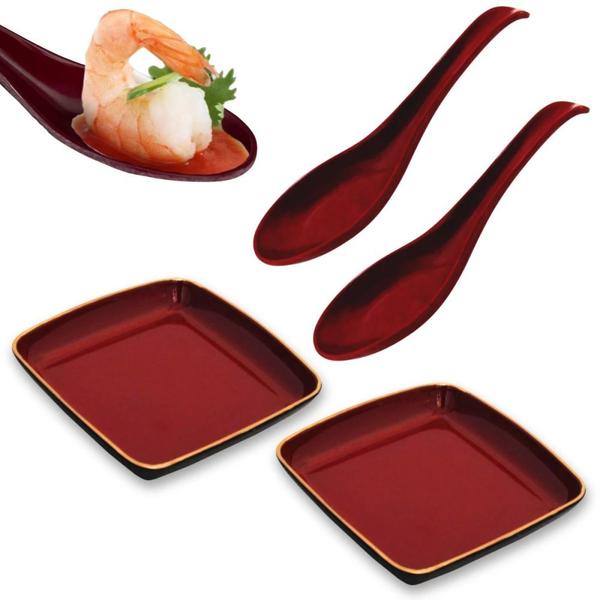 Imagem de Kit 2 Molheiras Mini Tigela Quadrada Kozara 90 Ml + 2 Colheres Vermelhas para Comida Japonesa  Nihon Shikko 