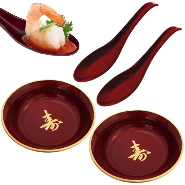 Imagem de Kit 2 Molheiras Mini Tigela Redonda Fukazala 185 Ml + 2 Colheres Vermelhas para Comida Japonesa  Nihon Shikko 