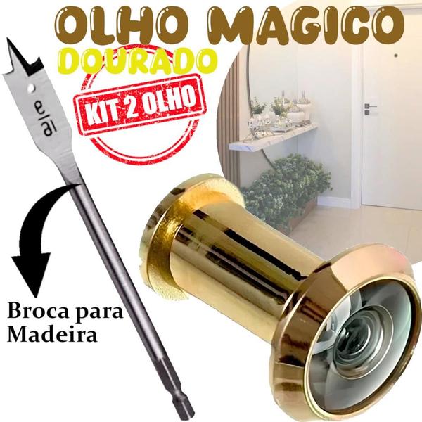 Imagem de Kit 2 Olho Magico e Broca Chata 9/16 Visor Para Porta Dourado Instale Voce Mesmo Brasfort