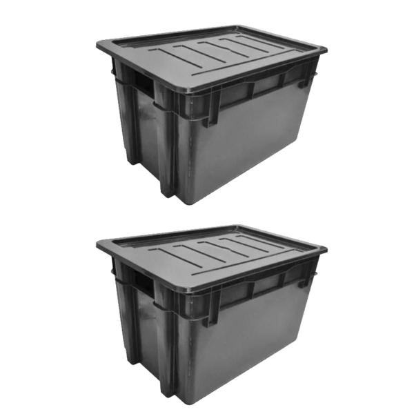 Kit 2 Organizador Multiuso Caixa 60 Lts Preta Com Tampa - Injeplastec Imagem de Kit 2 Organizador Multiuso Caixa 60 Lts Preta Com Tampa