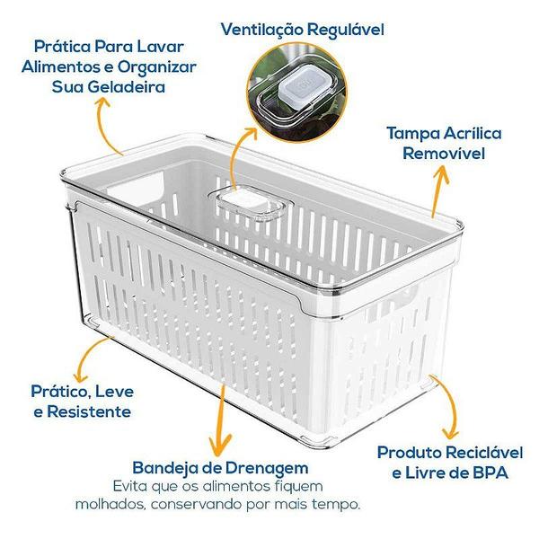 Imagem de Kit 2 Organizadores de Geladeira 5L com Cesto de Drenagem Alimentos Organização